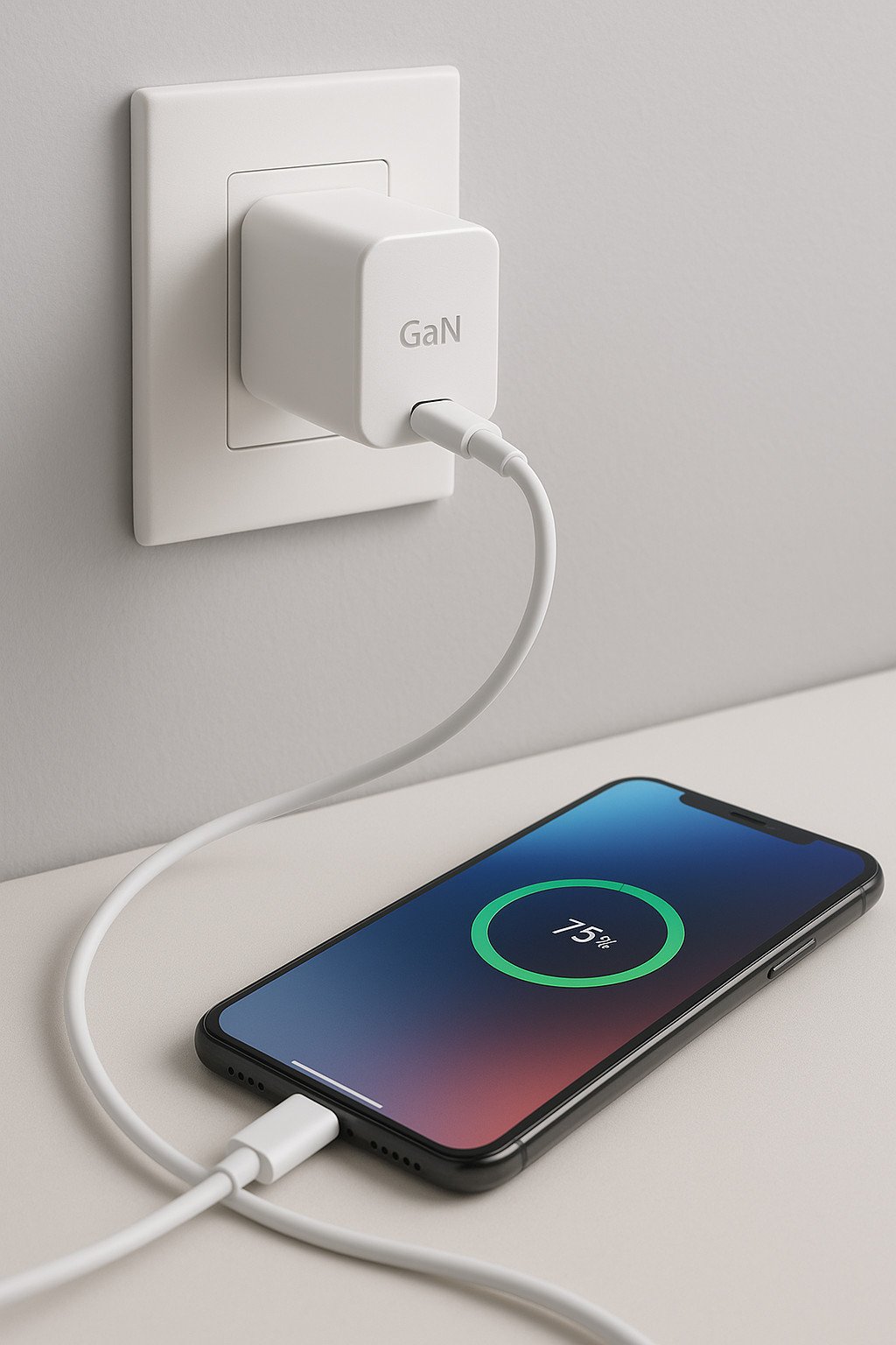 cargador-gan-enchufe-usbc-celular Cargador GaN blanco conectado a un enchufe de pared, cargando un celular moderno con cable USB-C natural sobre mesa blanca