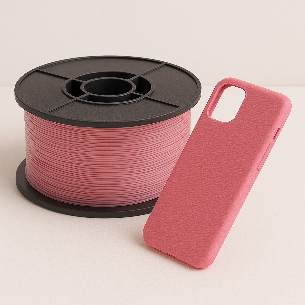 Carrete de filamento TPU rosa junto a funda de celular flexible impresa en 3D, sobre fondo blanco minimalista